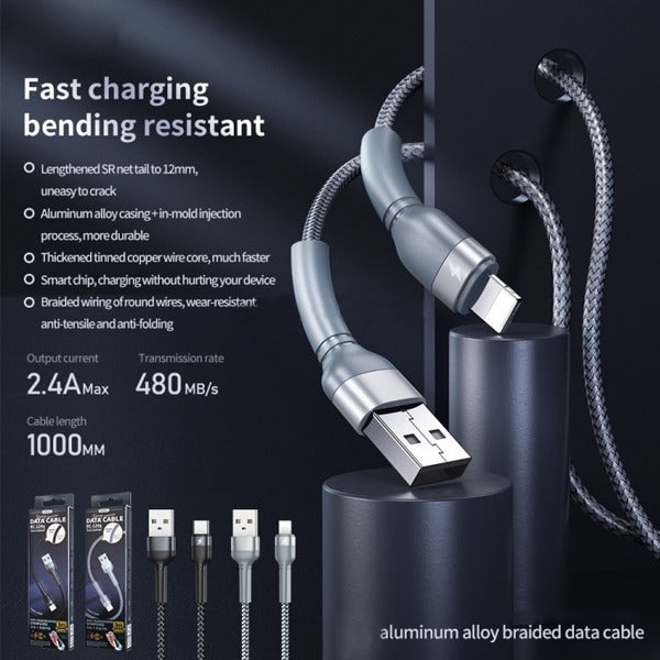 كيبل USB-A إلى USB-C من ريماكس مضفر من سبائك الألومنيوم شحن سريع وتصميم متين | أسود كيبل USB-A إلى USB-C من ريماكس مضفر من سبائك الألومنيوم شحن سريع وتصميم متين | أسود